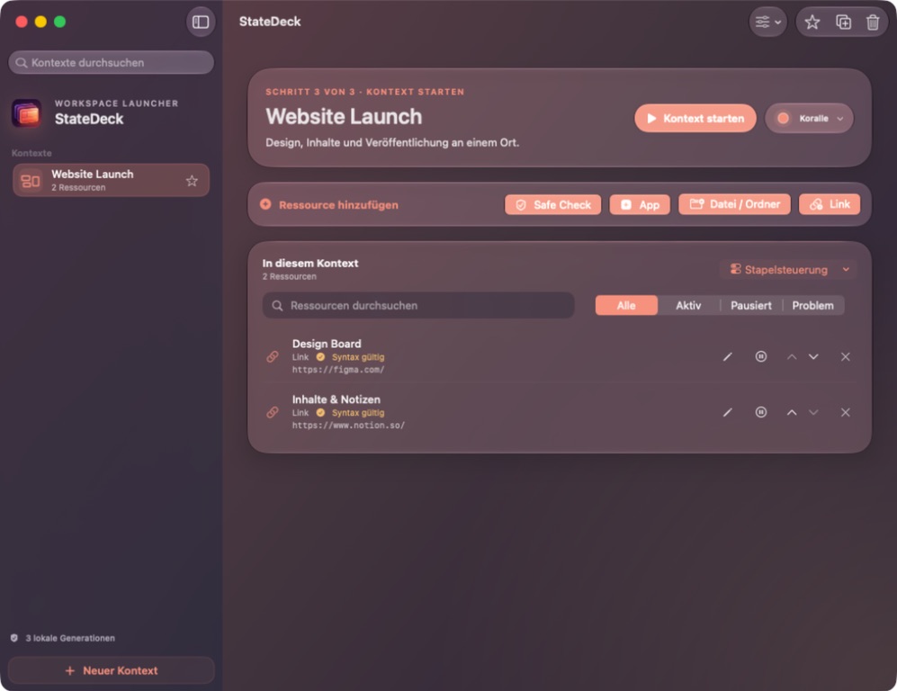 StateDeck mit dem Kontext Kampagnen-Launch und zwei Webressourcen